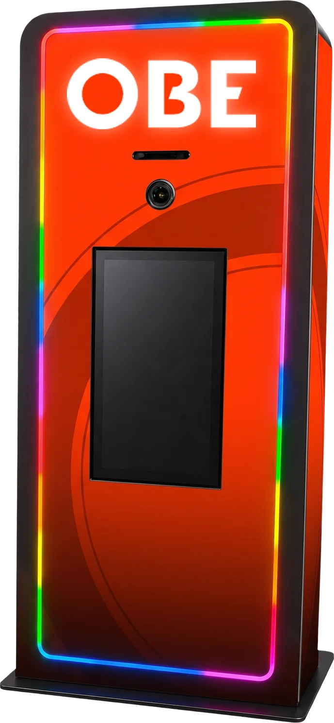 Elevated Kiosk with LED edge lighting, large touch screen, and integrated printer, shown in a Onboard Experiential  custom wrap
