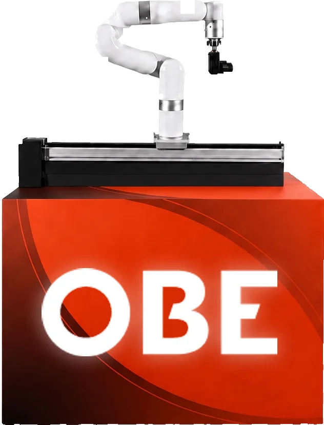 Robotic camera arm mounted on a rail atop a branded base cabinet, shown in a Onboard Experiential  custom wrap